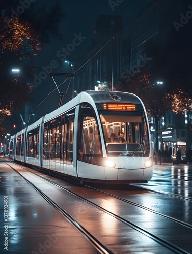 The urban light rail train runs smoothly in the dark