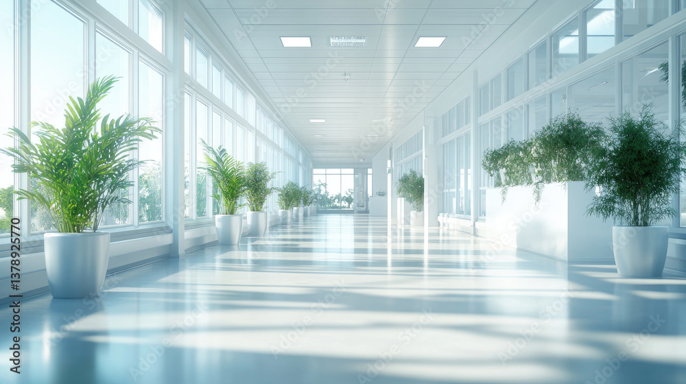 Bright and spacious medical hallway with large glass windows and natural light, symbolizing transparency, cleanliness, and modern hospital architecture. Banner. Copy space Bright and spacious medical hallway with large glass windows and natural light, symbolizing transparency, cleanliness, and modern hospital architecture. Banner. Copy space