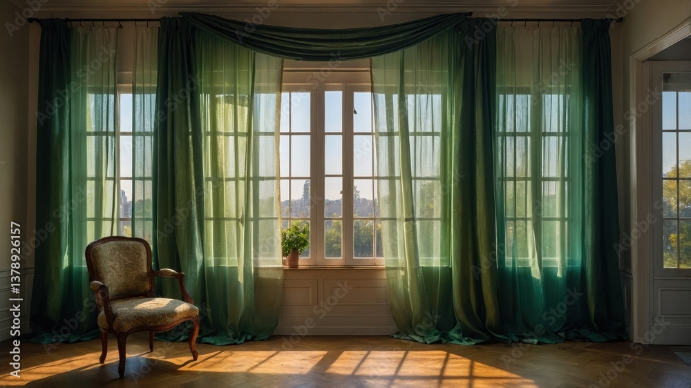 Natural light pours through green curtains in a cozy room with a vintage chair and a potted plant by the window Natural light pours through green curtains in a cozy room with a vintage chair and a potted plant by the window