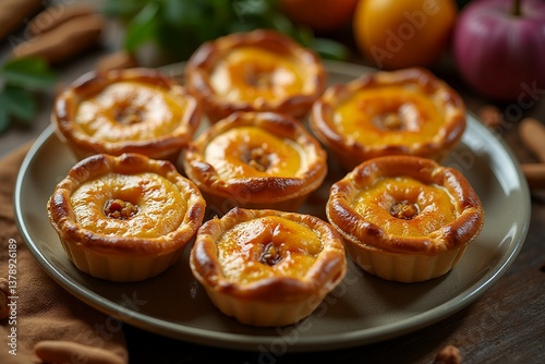 Plate filled with freshly baked homemade fruit tarts featuring golden brown crusts and juicy fruit fillings. Perfect for a dessert or snack, these sweet tarts convey warmth and comfort