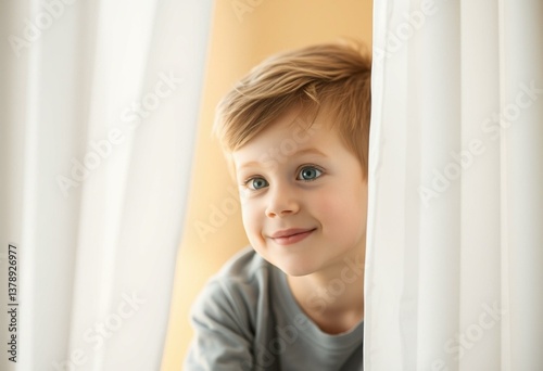 Free Download Photorealistic portrait of a boy peeking through curtains - GFXLoad