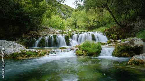 Serene waterfall cascade amidst lush greenery in a tranquil forest landscape
