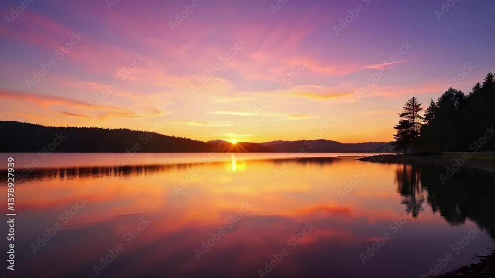 Tranquil sunset reflecting on serene lake with trees in background  