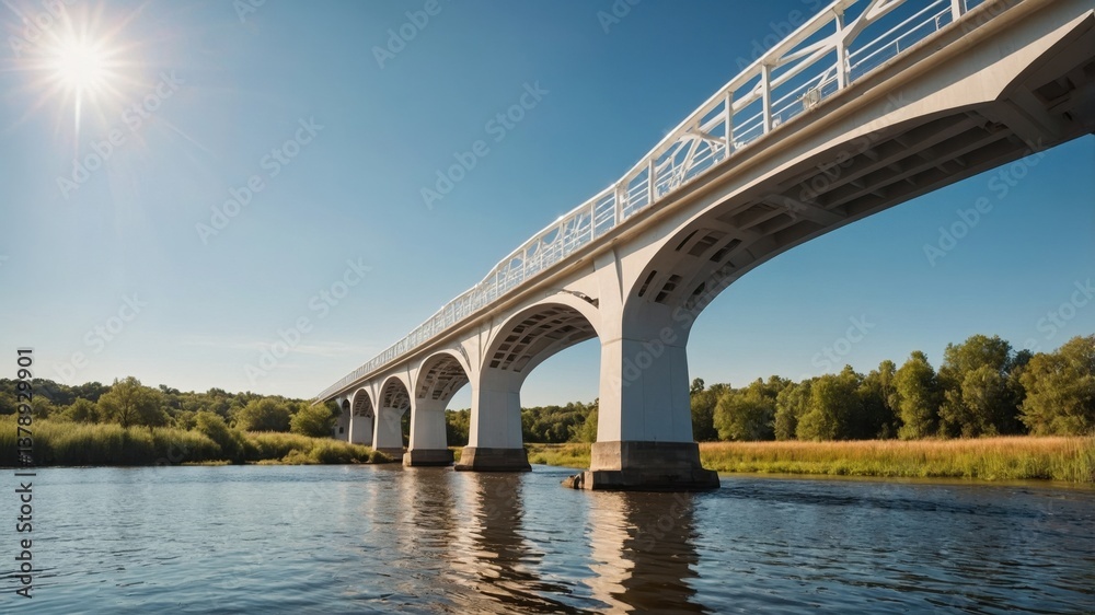 Fototapeta premium Elegant white bridge spanning a calm river under a clear blue sky in the afternoon light