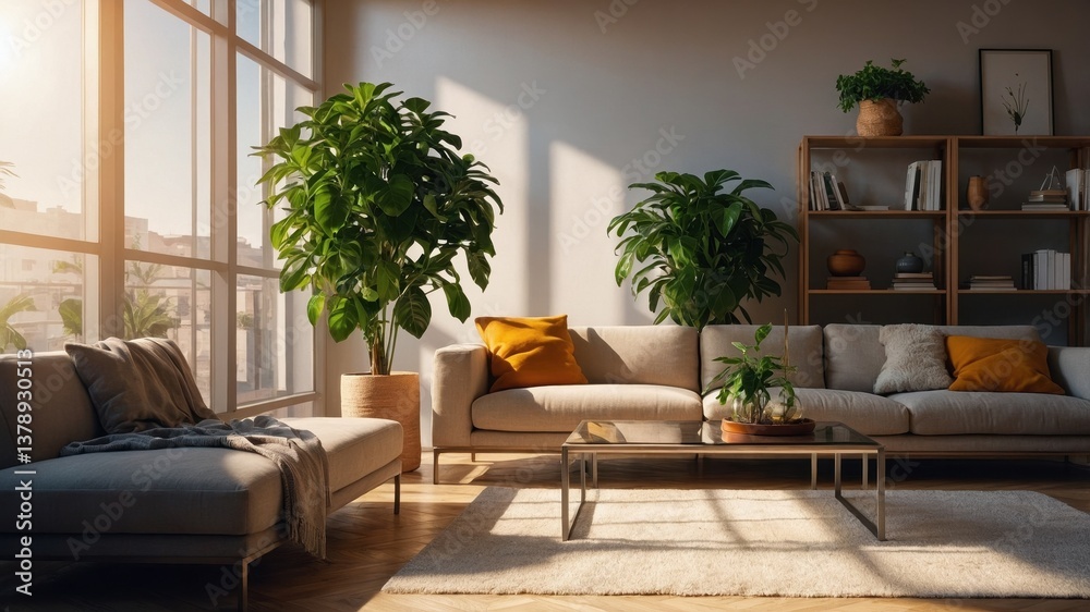 Fototapeta premium Cozy living room with large windows and indoor plants during golden hour sunlight