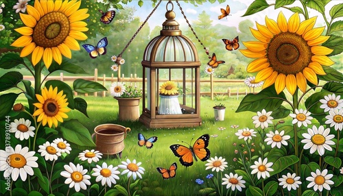 Sunflowers and daisies in a garden with butterflies and hanging birdcage decoration in a serene scene