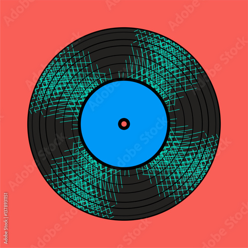 Vinyl disk retro player style illustration vector art decor design 70s, 80s, 90s music pattern neon colors 
