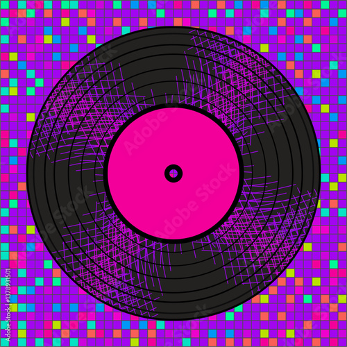 Vinyl disk retro player style illustration vector art decor design 70s, 80s, 90s music pattern neon colors 
