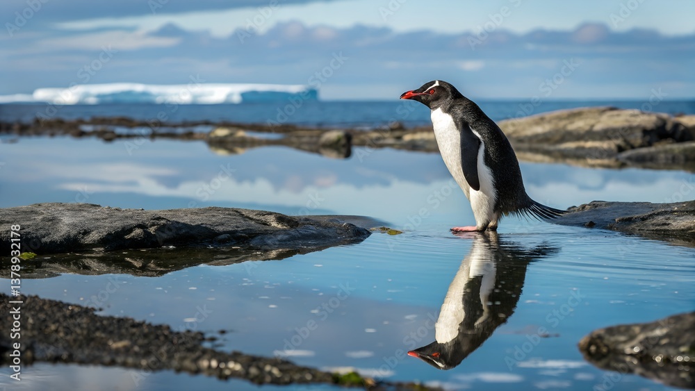 Fototapeta premium A Rockhopper penguin stares at its own perfect reflection in still Antarctic waters.
