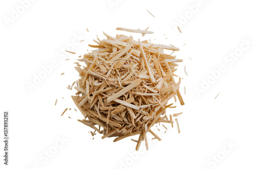 A Close-Up View of Light Brown Wood Shavings or Shreds isolated on transparent background, cutout