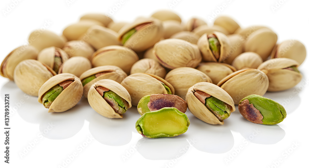 Pile of Delicious Roasted Pistachios Nuts Isolated on White Background Pile of Delicious Roasted Pistachios Nuts Isolated on White Background