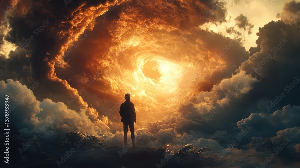 Fototapeta premium Silhouette of a person standing on a rocky outcrop gazing at a dramatic, stormy sunset with swirling clouds and intense lighting.