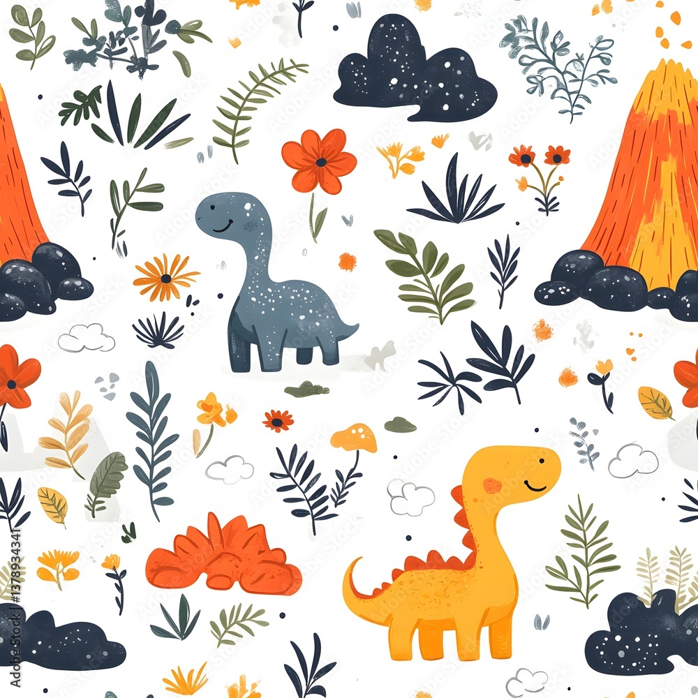 Fototapeta premium Seamless cartoon pattern featuring smiling dinosaurs, volcanoes, flowers, leaves, and clouds in a Scandinavian doodle style on a white background, perfect for kids and playful designs