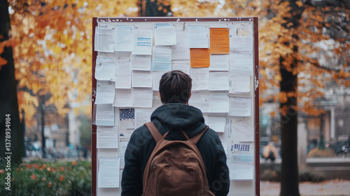 Student Reviewing Job Postings on Notice Board in Autumn Park