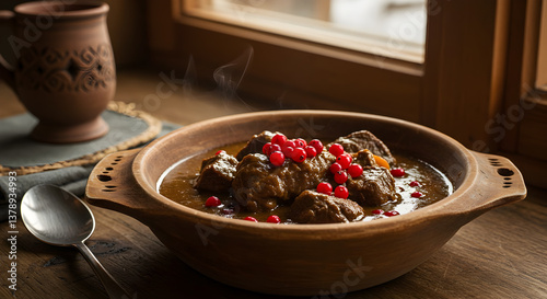Authentic Sami Reindeer Stew Garnished with Lingonberries: Culinary Tradition photo