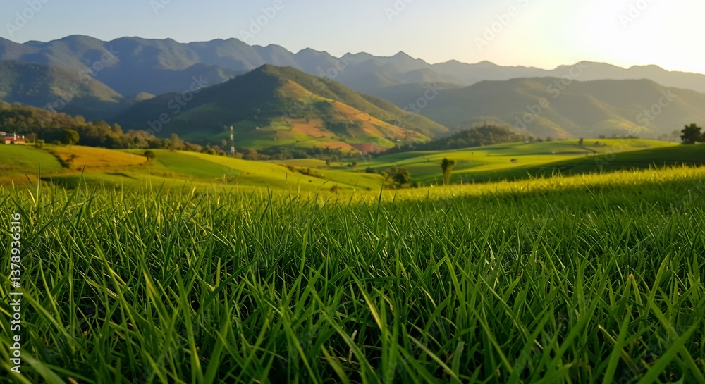 Fototapeta premium Serene Green Valley Sunset Warm Light. AI Generated