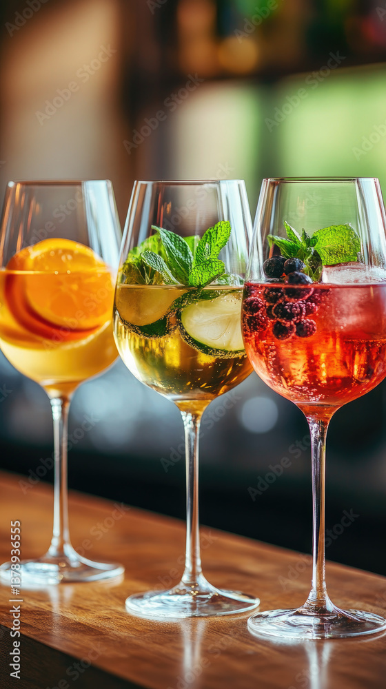 refreshing cocktails with fruits and herbs in elegant wine glasses, vibrant natural ingredients including citrus, mint, berries, and lime, summer beverage variety, healthy and stylish concept.