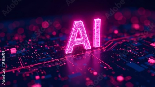 Glowing pink AI text on digital circuit board background in futuristic style.