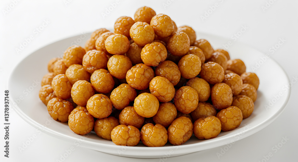 Pile of Crispy Caramelized Sago Pearls on a White Plate close up shot Pile of Crispy Caramelized Sago Pearls on a White Plate close up shot
