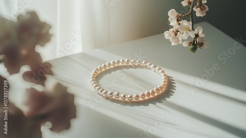 Elegant Pearl Necklace on Table with Soft Natural Light