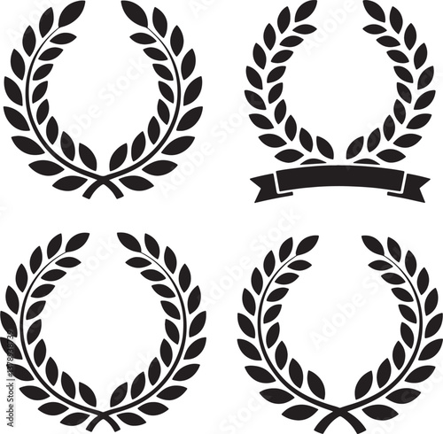 Set of black circular foliate laurels branches silhouette vector illustration Isolated On Transparent Background