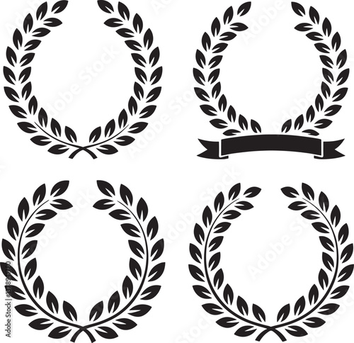 Set of black circular foliate laurels branches silhouette vector illustration Isolated On Transparent Background