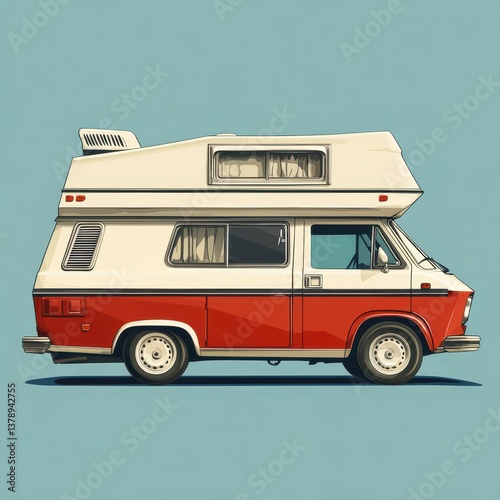 Vintage camper van parked against a minimalist background in a colorful yet simple style with smooth lines and bold shapes