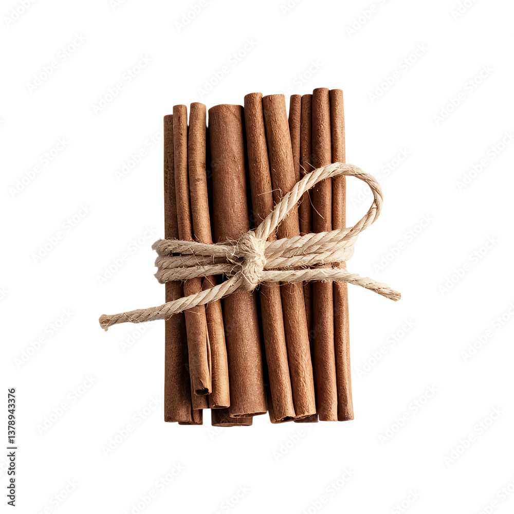 A rustic bundle of cinnamon sticks tied with twine, evoking warmth and the comforting aroma of autumn spices against a clean white backdrop. A rustic bundle of cinnamon sticks tied with twine, evoking warmth and the comforting aroma of autumn spices against a clean white backdrop.