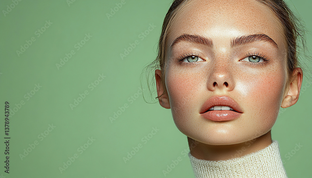 Fototapeta premium Blonde model, for cosmetics brand, aesthetics and beauty, professional studio photography.When photography meets painting, green background.