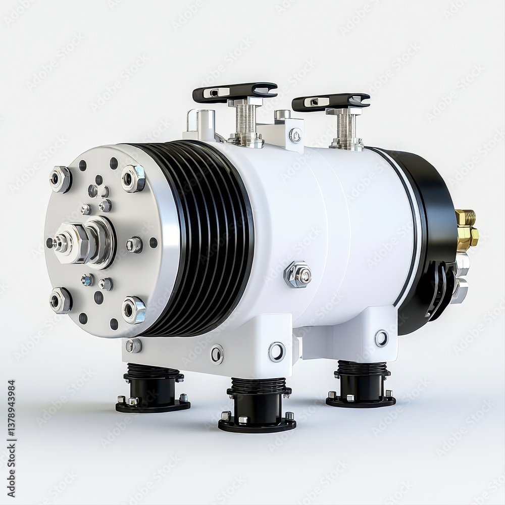 Fototapeta premium Close-up view of a white industrial machine with black accents, ribbed cylindrical components, bolts, fittings, and black handwheels for manufactu