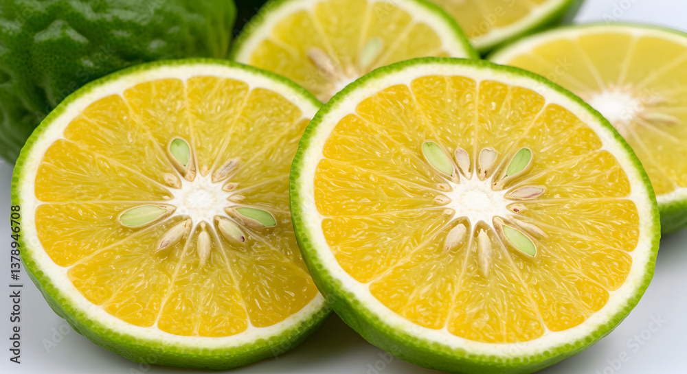 Vibrant citrus delight close up showcasing sliced bergamot oranges on white backdrop Vibrant citrus delight close up showcasing sliced bergamot oranges on white backdrop