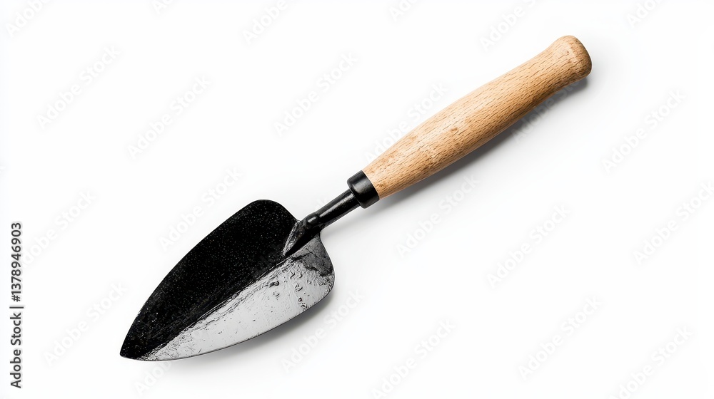 Fototapeta premium Small black garden trowel featu a light brown wooden handle displayed on a clean white background perfect for gardening and landscaping projects