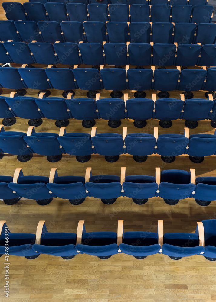 Fototapeta premium Photo documentation of rows of blue seats in an empty theater