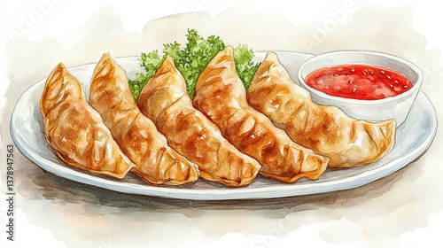 Watercolor illustration of fried gyoza on a plate.