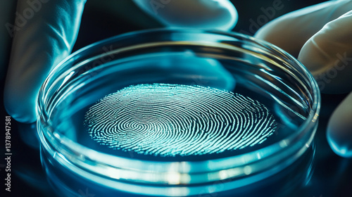 Close up of Fingerprint Evidence in Petri Dish Forensic Science Lab Crime Investigation