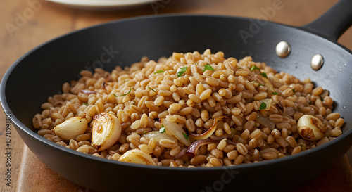 Delicious roasted farro grain dish with garlic cloves and onion in skillet
