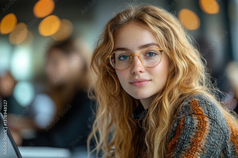 A thoughtful young woman with glasses smiles while studying in a cozy environment with warm lighting. A thoughtful young woman with glasses smiles while studying in a cozy environment with warm lighting.