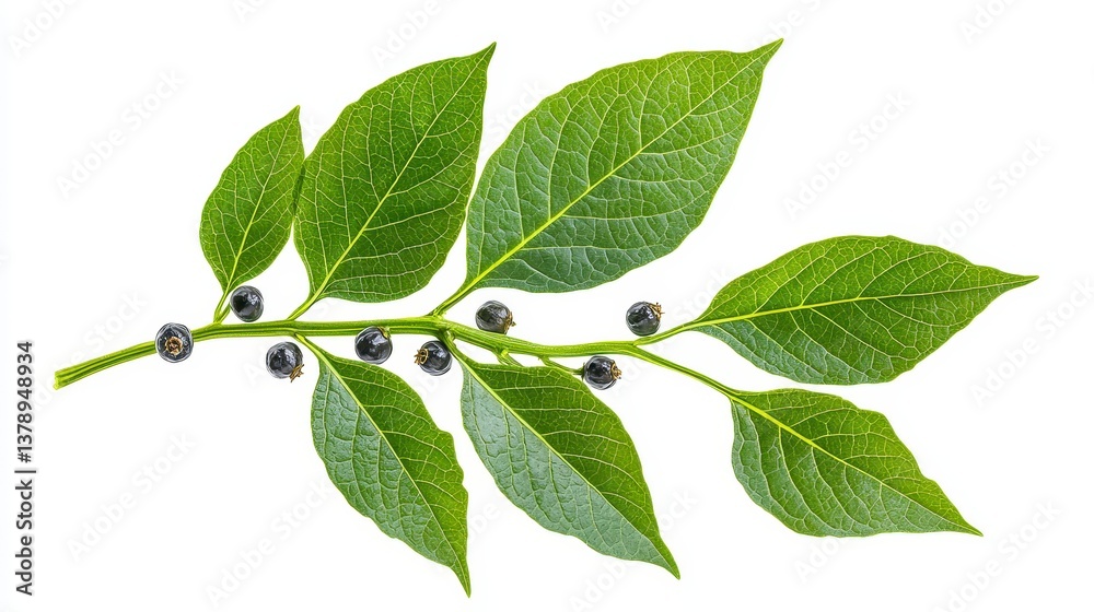 Fototapeta premium Branch of a tree adorned with lush green leaves and juicy berries reflecting nature's abundance and beauty