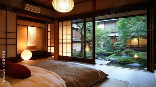 Serene traditional japanese ryokan bedroom overlooking a meticulously landscaped garden
