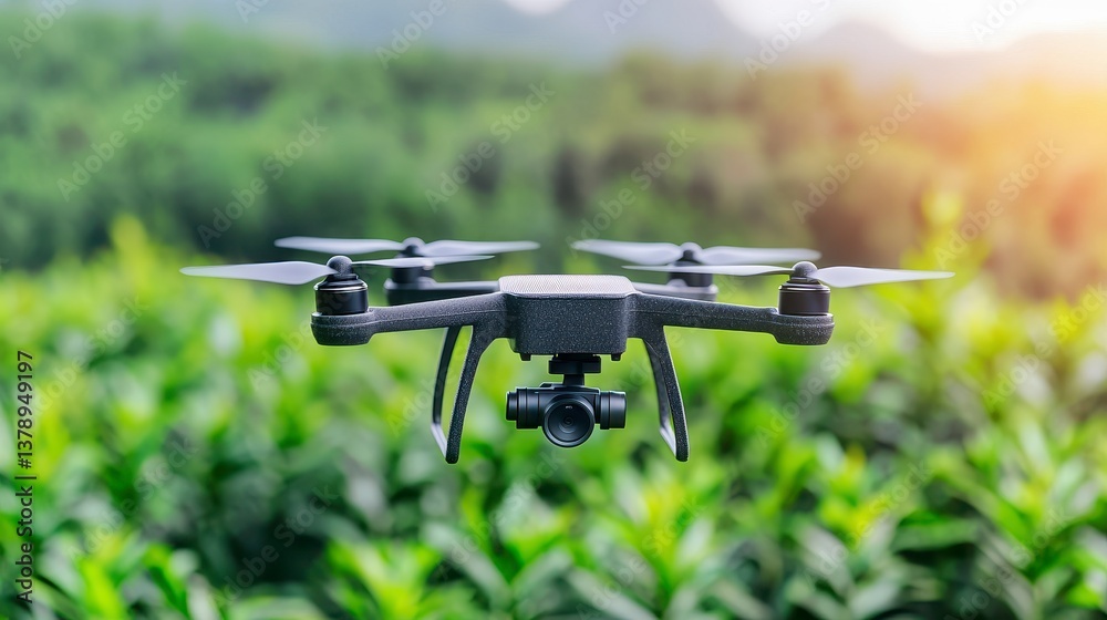 Black quadcopter drone with camera flying high above a vibrant and lush green landscape showcasing the beauty of aerial photography and technology in nature Black quadcopter drone with camera flying high above a vibrant and lush green landscape showcasing the beauty of aerial photography and technology in nature