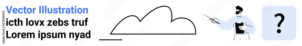 Man holding a pointer presenting near a cloud shape and question mark icon. Ideal for education, brainstorming, creativity, problem-solving, innovation, teaching, simple landing page Man holding a pointer presenting near a cloud shape and question mark icon. Ideal for education, brainstorming, creativity, problem-solving, innovation, teaching, simple landing page