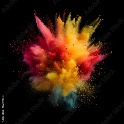 An explosion of colorful powder, bursting in all directions, with vibrant colors like reds and yellows against the dark background