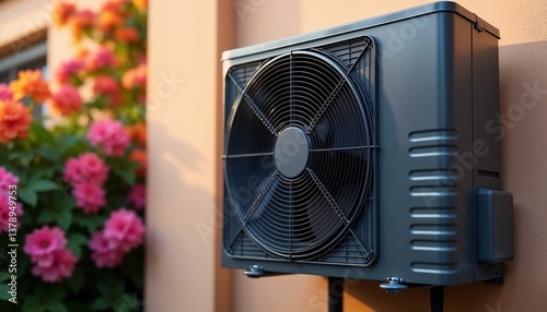 Outdoor Air Conditioning Unit Surrounded by Vibrant Pink Flowers in the Garden

