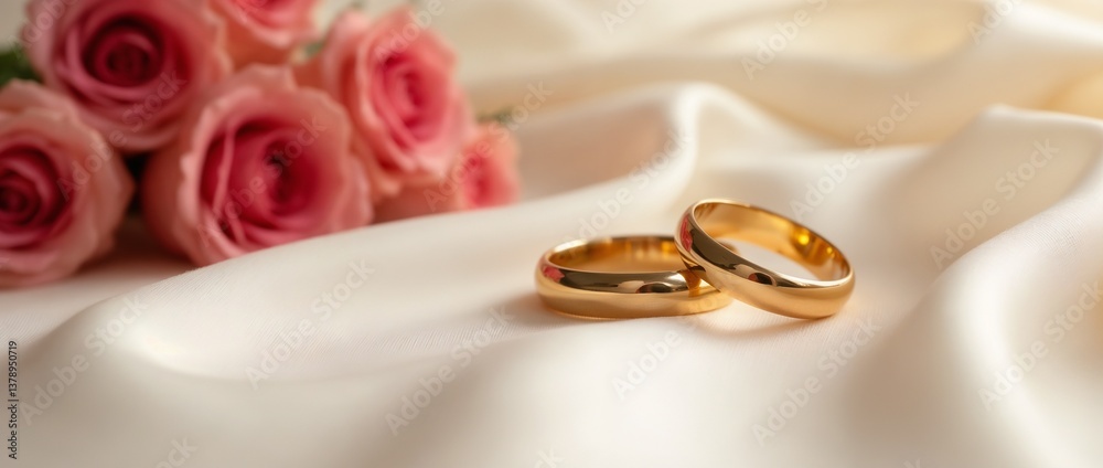 Golden rings placed on soft satin fabric with red roses, symbolizing love, romance, and a wedding.
Golden rings placed on soft satin fabric with red roses, symbolizing love, romance, and a wedding.