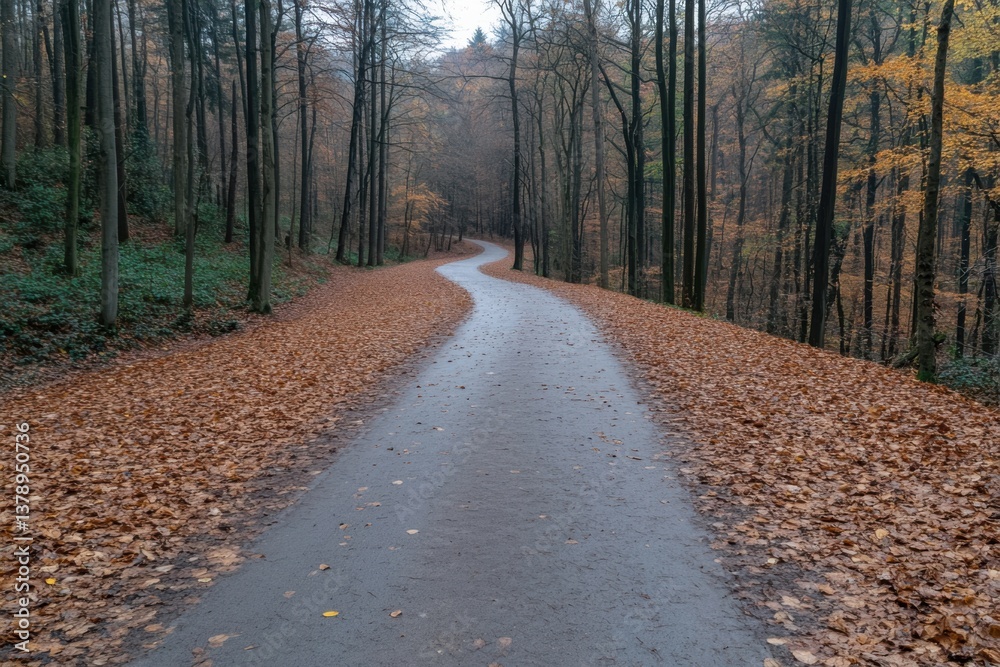 Fototapeta premium Winding pathway through a tranquil forest during autumn with fallen leaves on the ground
