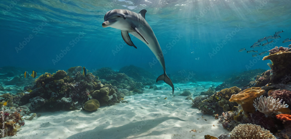 A beautiful underwater scene near the ocean shore, where crystal-clear water reveals a vibrant marine world.