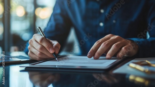Formalizing agreements, person in a blue shirt signing paperwork with a pen
