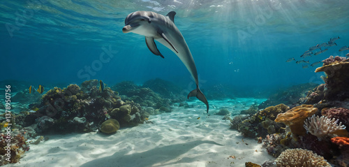 Obraz na płótnie A beautiful underwater scene near the ocean shore, where crystal-clear water reveals a vibrant marine world. w salonie