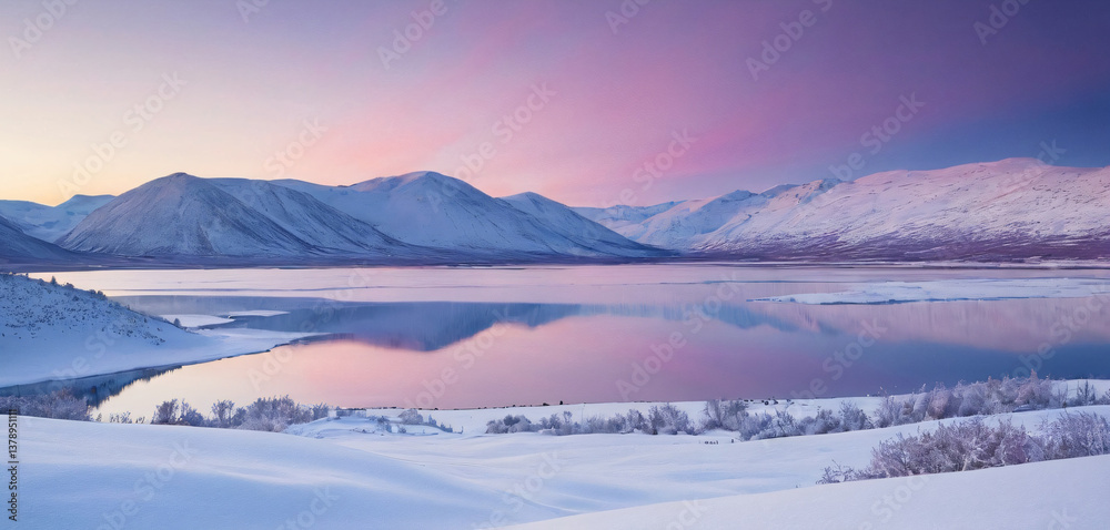 A vast Arctic tundra, with a serene, colorful lake nestled at the foot of snow-draped hills.