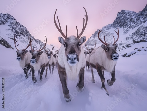 Reindeer thunder across a snowy mountainscape. A breathtaking vista of winter wilderness and majestic wildlife photo